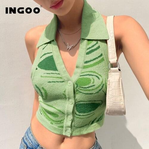 INGOO Deep V Halter Lapel Crop Top Women Contrast Color Button Vest Slim Backless Sleeveless Tops Sexy Retro Casual StreetWear