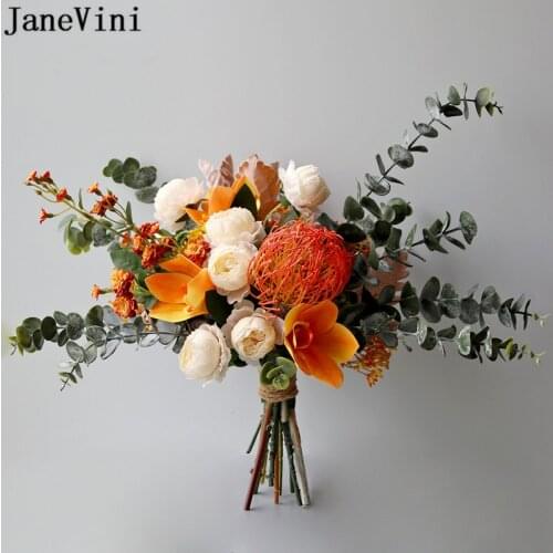 JaneVini Artificial Orange Artificial Flowers Bridal Bouquet Vintage Autumn Rose Artificielle Eucalyptus Bride Wedding Bouquets