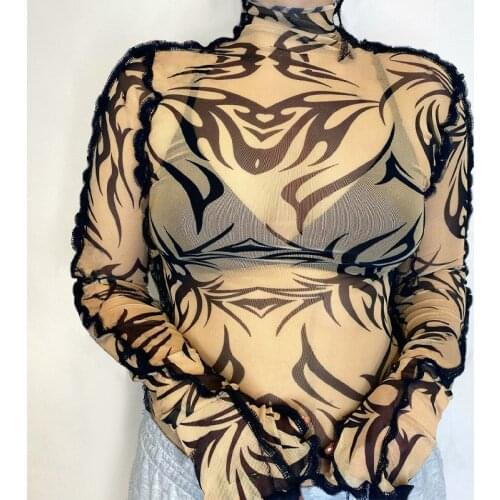 Women Casual Sexy See-Through T-Shirt Apricot Printed Pattern Turtleneck Long Sleeve Pullover Tops Summer Club Fashion Slim Tees