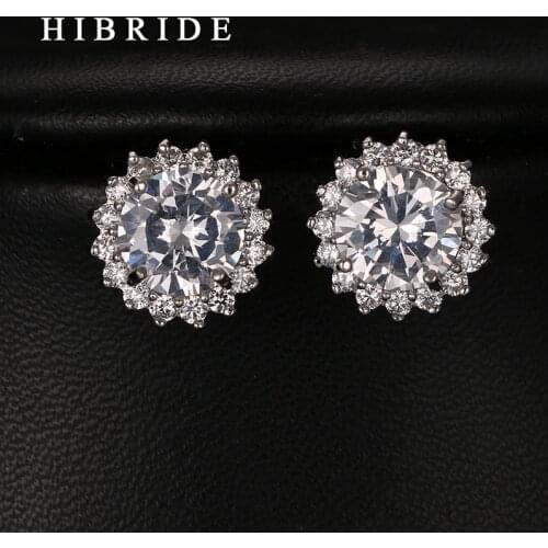 Luxury Sun Flower Shape Cubic Zircon Earrings Round Pear Cut White Gold Color Stud Earrings For Women Gifts HIBRIDE E-241