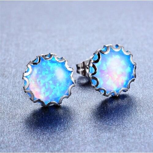 Boho Female Blue White Fire Opal Earrings Cute Small Round Wedding Stud Earrings Vintage Silver Color Earrings For Women