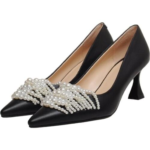 2021 Spring autumn new women shoes 6.5cm fine heel beaded decoration comfort leather womens pumps fashion wild shoes