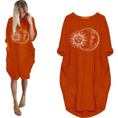 Women Autumn Spring Casual Loose Midi Dress Round Neck Long Sleeve Sun And Moon Print Basic Dresses With Pocket Plus Size Robe