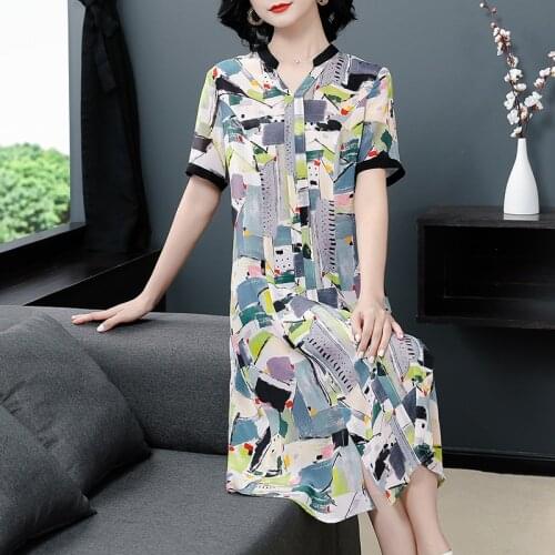 Summer New 2020 Women National Style Floral Silk Dress Elegant Stand Neck Short Sleeve Knee-Length Dresses Plus Size Vestidos