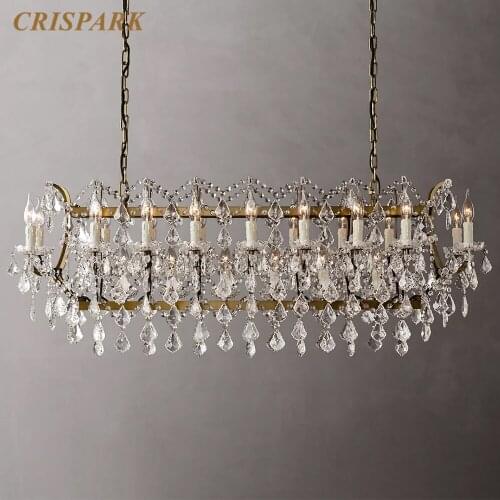 19th C. Rococo Iron Chandelier Lighting LED Vintage Crystal Rectangular Pendant Light Art Deco Brass Light Fixture for Hall
