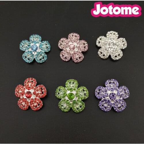 100pcs/lot Choose Color First, 25mm 6 Color Cute Little Flower Rhinestone Silver Plated Button Wedding Brooch Boququet Deco
