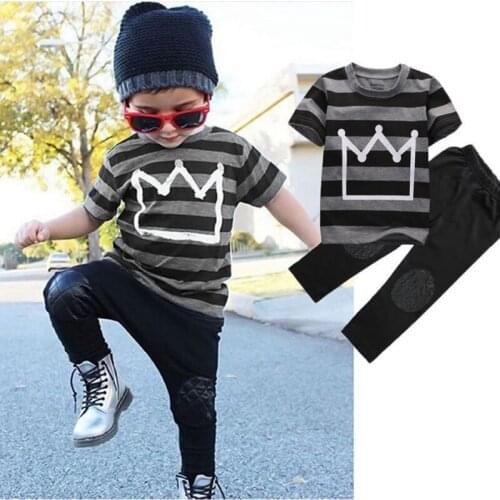 2019 Baby Boys Sets Summer Boys Clothes Striped T shirt+Pants Trousers Crown Print Children Casual Sports Suit