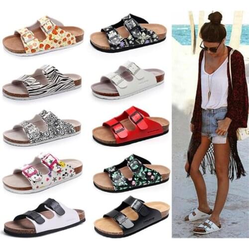 2021 New Summer Slippers Womens Cork Sandals Leisure Beach Shoes Thick-soled PU Buckle Leather Slides Large Size 44 Flip Flops