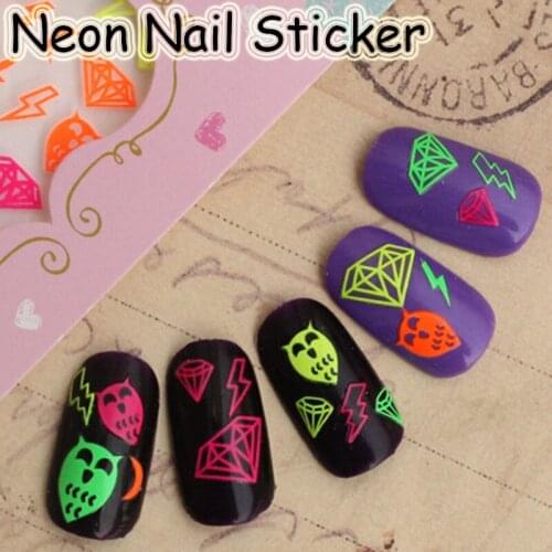 24pcs Halloween Neon Owl Nail Art Sticker Fluorescent Diamond Nail Decal Lightning Decoration French Manicure no.9