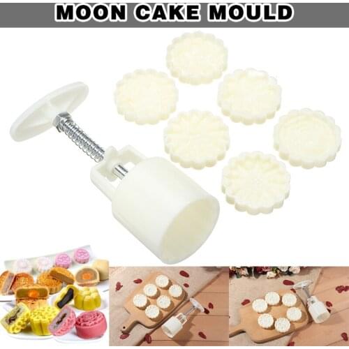 3D Flower Snow Skin Mooncake Maker W/6 Flowers Hand Press Stamps Mid Autumn Moon Cake Pastry DIY Mould Tool