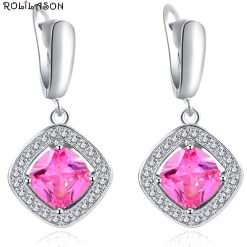 7.6g Top selling online Wholesale & Retail Pink cubic zirconia silver color Stamped Dangle Earrings Fashion Opal Jewelry JE1013
