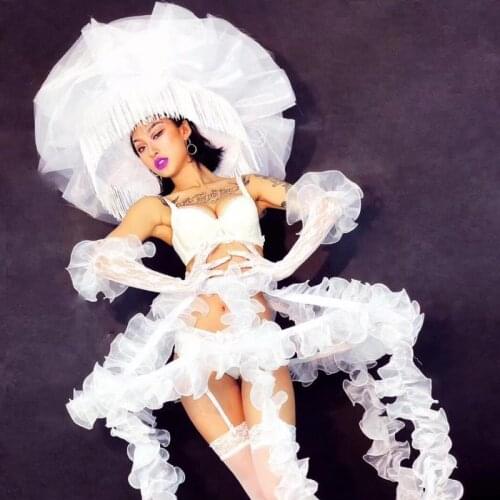 White show headpiece lace sexy medusa stage performance costumes for women