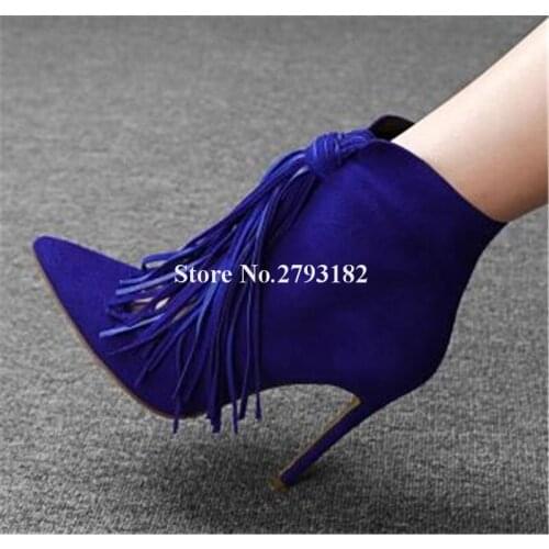 New Fashion Women Pointed Toe Black Blue Suede Leather Tassels Short Gladiator Boots Cut-out Thin High Heel Ankle Bootes