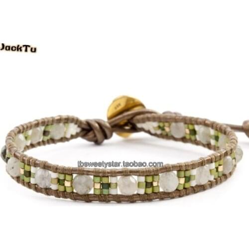 Green seed beads mix labradorite leather wrap bracelet handmde