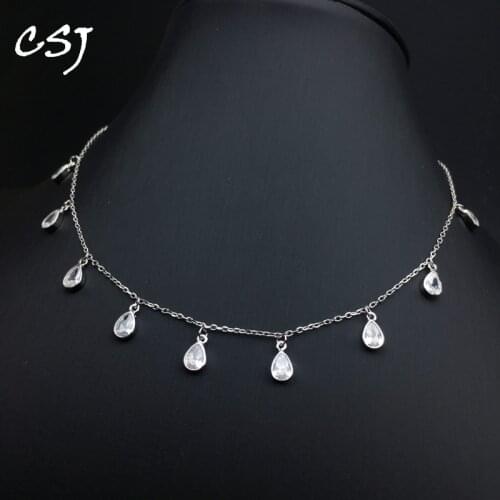 CSJ Real 925 Sterling Silver Dazzling Cubic Zircon Round Pear CZ Pendant Necklaces for Women Party Sterling Silver Jewelry