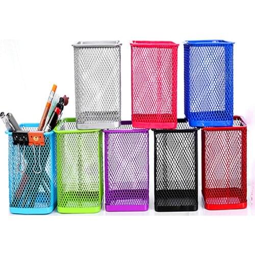 Colourful Pencil Holder Office Desk Metal Mesh Square Pen Pot Cup Case Container Organiser Durable Pencil Case Organizer Storage