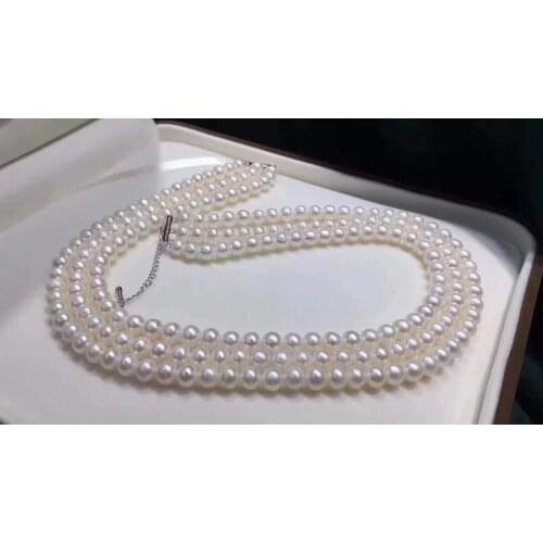 D1002 Pearl Necklace Fine Jewelry Almost Round 6-7mm Nature Fresh Water White Pearls Three Layers Necklaces for Women Presents