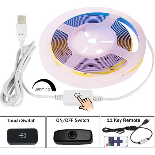 Dimmable COB LED Strip Light DC 5V USB Power with ON/OFF Switch LED Tape 320LEDs/m Flexible LED Ribbon High Density Linear Light
