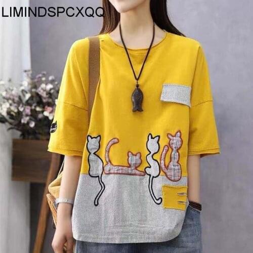 LIMINDSPCXQQ European 2021 Summer Tops Ladies Yellow Printed T-shirts Womens Striped Casual Tees Female Cotton Vintage Clothes