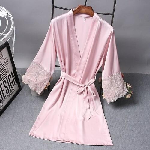 Women Silk Satin Short Night Robe Solid Kimono Robe Sexy Lace Trim Bathrobe Peignoir Bride Bridesmaid Robe Fashion Dressing Gown