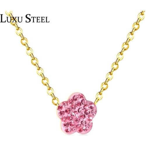 LUXUSTEEL Korean Flower Necklace Stainless Steel Black/Gun Black/Red/Pink/Blue/Champagne Color Crystal Pendant Necklace