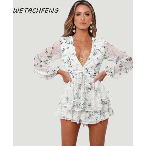 Sexy White Playsuits Floral Ruffles Long Sleeve Deep V Neck Shorts Ladies Summer Jumpsuit One Piece Overalls 2021 Women Clothing