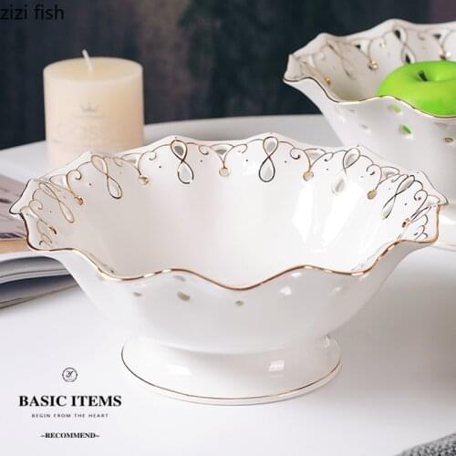Creative Hollow Trace Gold Fruit Plate Ceramic Salad Bowl Tableware Decoration Candy Snack Storage Tray Living Room Home Decor