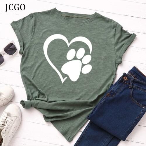 JCGO Summer Cotton Women T Shirt S-5XL Plus Size Love Heart Dog Paw Print Short Sleeve Tees Tops Casual O-Neck Female TShirts