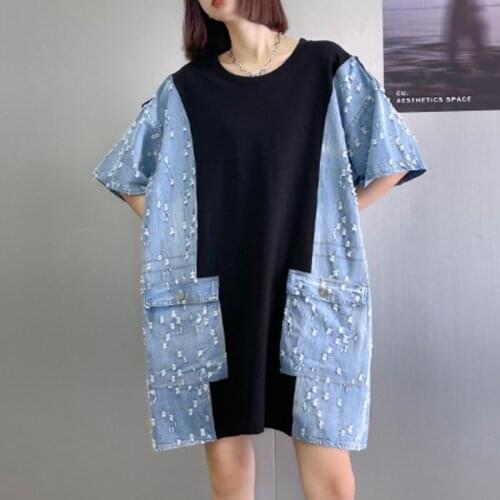 XUXI Women Denim Stitching Dress Thin Fashion Short-sleeved Round Neck Loose And Thin Straight MINI Skirt Summer 2021 E2052