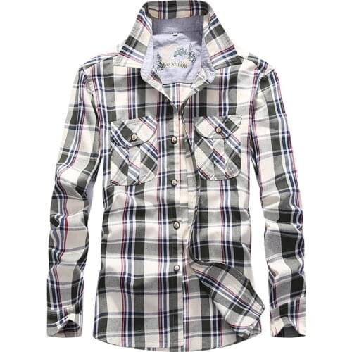 Spring Plaid Shirt Men Long Sleeve Turn-down Collar Mens Shirt Cotton Soft Breathable Military Mens Dress Shirt Plus Size S-4XL