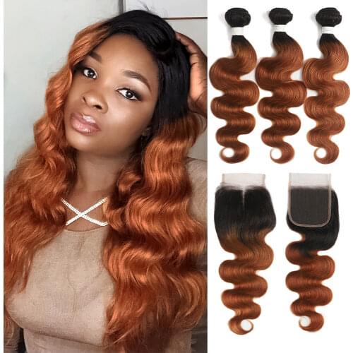 T1B/99J Ombre Body Wave Human Hair Bundles With Closure 4x4 SOKU 3 PCS Weave Bundles With Closure Non-Remy Hair Weave Extension