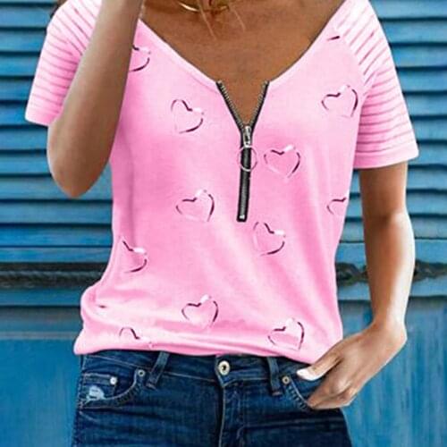 Top Blouse Crop Top Shirt Summer Women T-shirt Short Sleeve Zipper V Neck Striped Heart Print Loose Blouse Top for Work T shirt