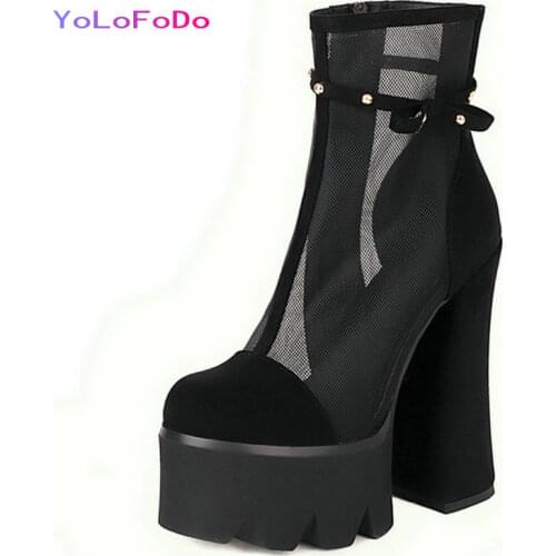 Platform Square High Heel Summer Women Ankle Boots Faux Suede Zipper Ladies Short Boots High Quality Womans Shoes Plus Size 43