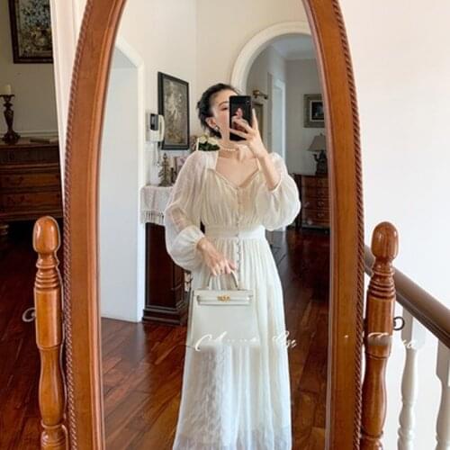 Plus Size Vintage V-Neck Long Sleeve Women Dresses 2021 Spring Chiffon Ladies Vestidos Dress Mid-Long Robe Dress Clothing KE952