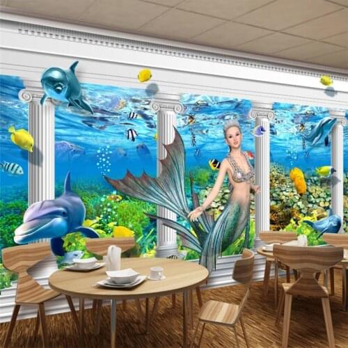 Wellyu Underwater World Mermaid Dolphin Roman Column 3D Wall Custom Large Mural Green Silk Wallpaper papel de parede