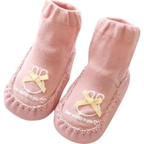 Y1QF Toddler Newborn Baby Slippers Floor Socks with Grips Cartoon Bear Infant Boys Girls Warm Faux Leather Anti Slip Hosiery