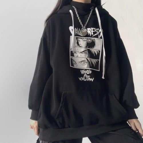 Y2K Aesthetics goth Oversized Hoodies women Sweatshirts Print Harajuku Long Sleeve Vintage Black Crewneck Top Streetwear Kawaii