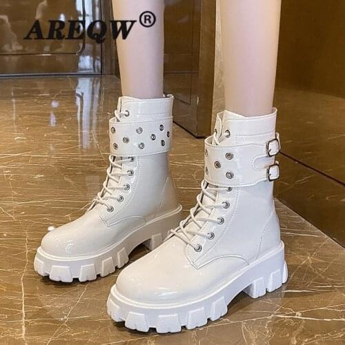 Fashion Women Cross Strap PU Leather Boots Autumn Winter Knee High Boots Ladies Thick Sole Platform Mid-calf White