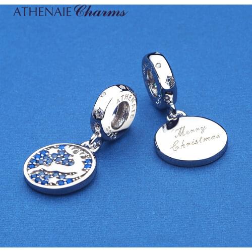 ATHENAIE Happy 925 Sterling Silver Christams Reindeer Pendants Blue CZ Holiday Deer Dangle Charms Beads for Women Bracelet Bang