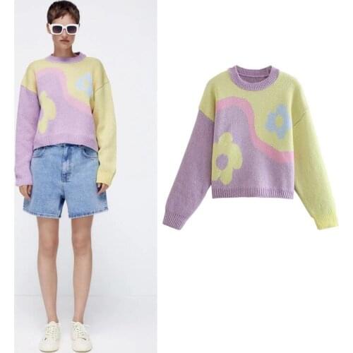 Fresh Sweet Girly Style Contrast Color Round Neck Sweater 2021 Autumn Women Loose And Thin Long-sleeved Pullover Top