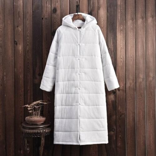 Cotton linen women hooded coat 2018 winter new thicken original national long overcoat button cotton padded outwear high quality
