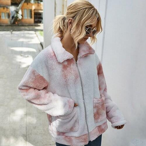 Womens Lamb Fur Coat Autumn Winter Tie Dye Turn Down Collar Zipper Pockets Ladies Casual Outerwear Fleece Jacket for Female