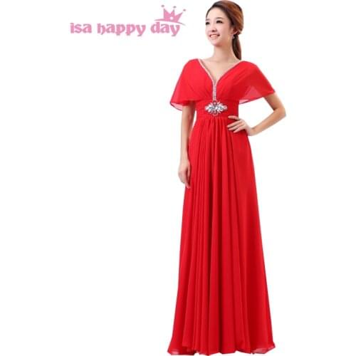 Modest bridesmaid dresses with cap sleeves rhinestones and crystals 2020 red dress long in chiffon bridal gowns under 100 B804