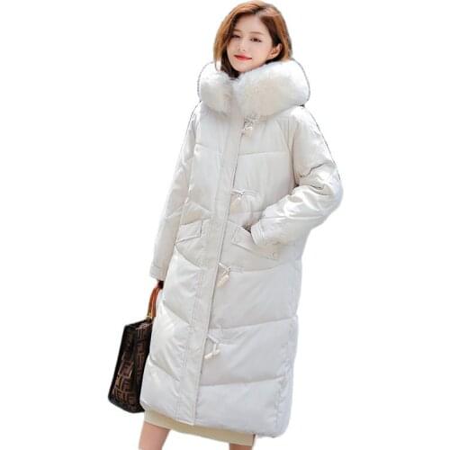 Women Winter Hooded Faux Fur Collar Horn Button Long Windproof Coat Puffer Jacket Cotton Padded Parkas Outwear Overcoat