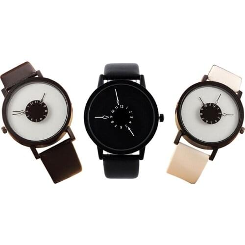 1PC Fashion Couple Leather Strap Quartz Watch Unique Dial Design Wristwatches Clock Love Gift for Women Men