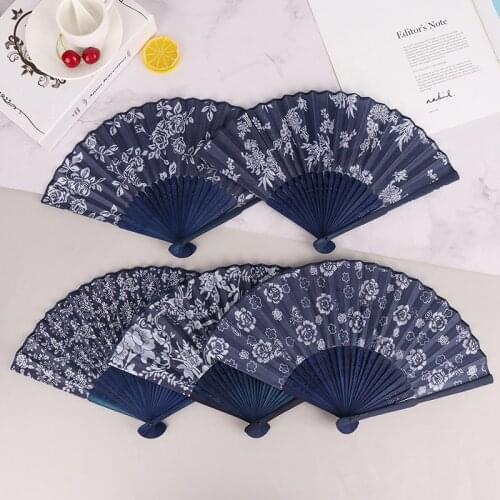1PC Chinese Style Flower Design Blue Fabric Hand Fan Wedding Party Favor Gifts