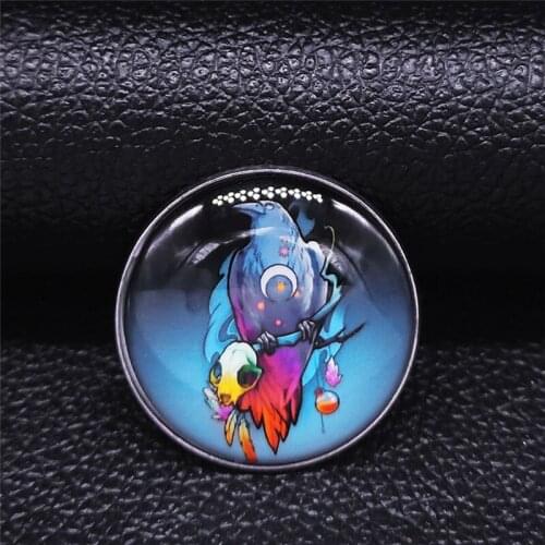 2021 Fashion Witchcraft Crow Moon Stainless Steel Glass Silver Color Pin Badge Women/Men Jewelry broches XJ38S05