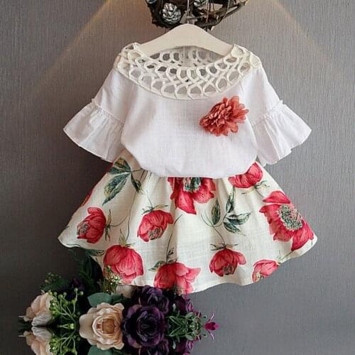 2021 Fashion Hollow Collar Flared Sleeve Top Flower Short Skirt Set Casual Childrens Summer Clothes 3-8 Year Baby Girl Suit
