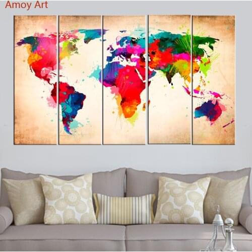 Unframed 5 Panel Colorful World Map Modern Abstract Wall Art Picture Home Decor Oil Painting Printed On Canvas For Bedroom wall