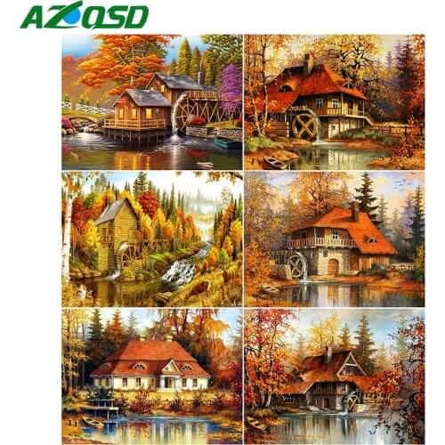 AZQSD Diamond Mosaic House River Cross Stitch Full Square Drill Picture Of Rhinestones Diamond Painting Scency Handmade Craft